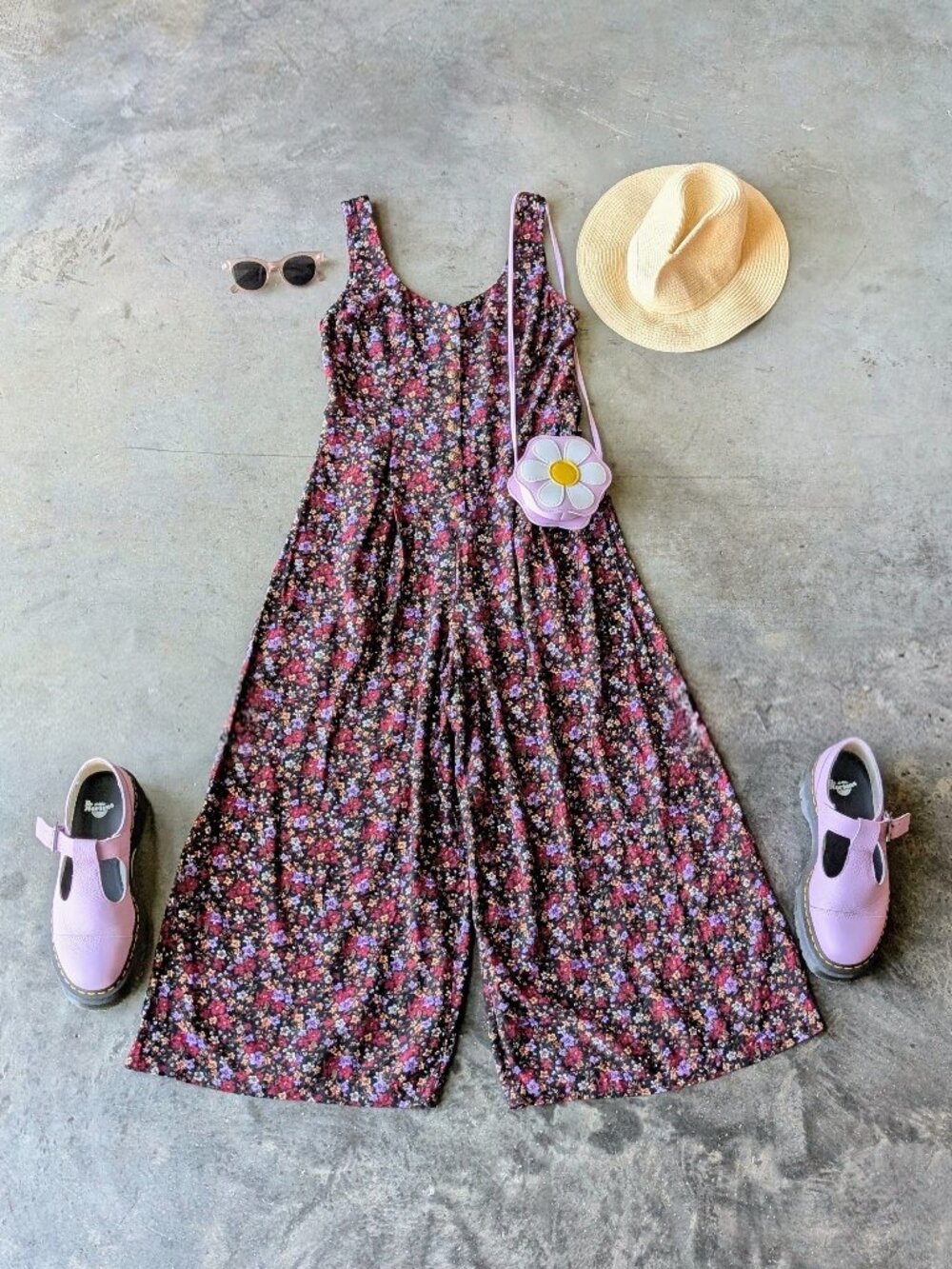 Vintage All That Jazz Dark Floral Sleeveless Wide Leg Jumpsuit